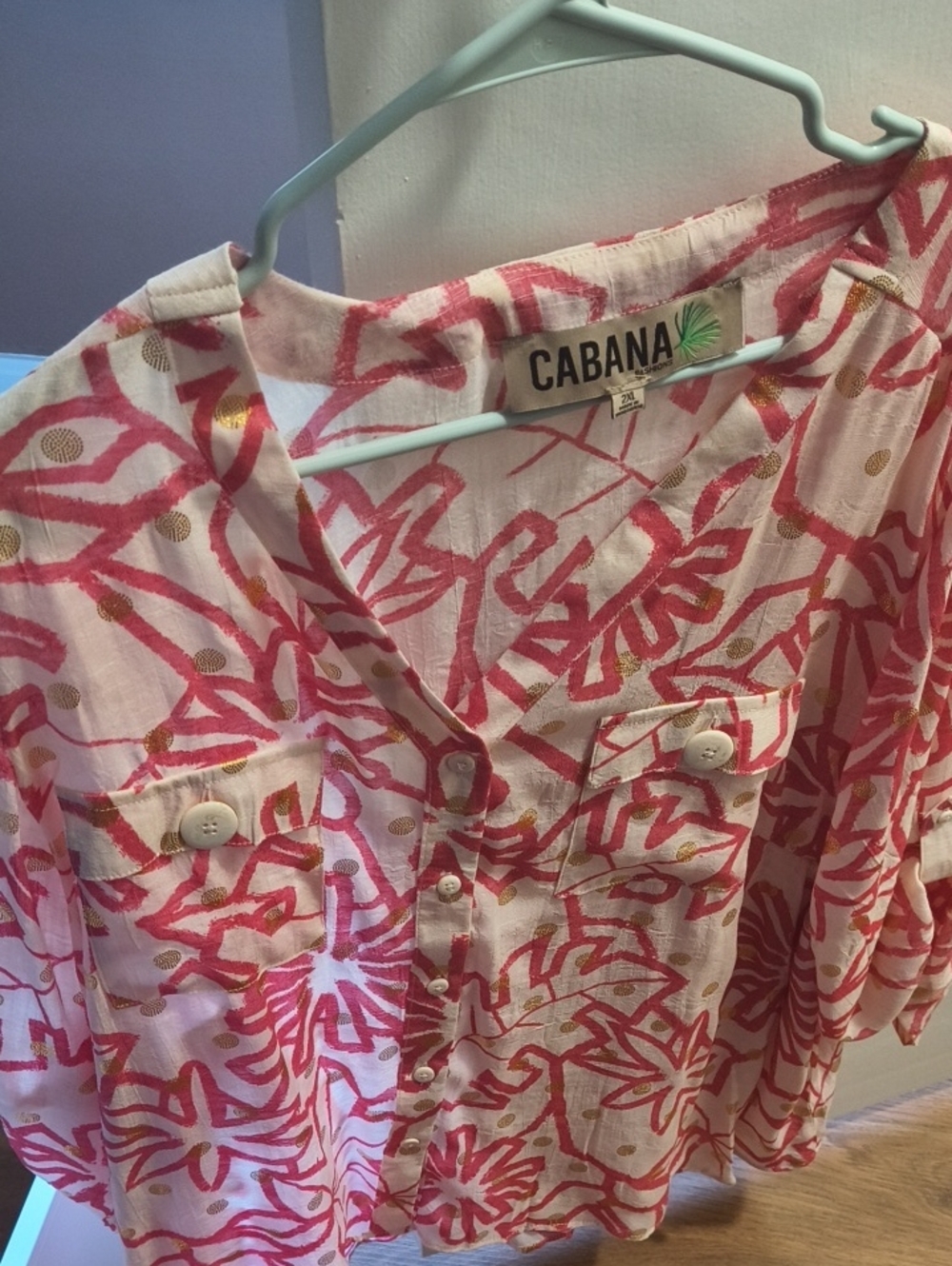 Cabana Life Pink and Gold Printed Button-Front Women's Top